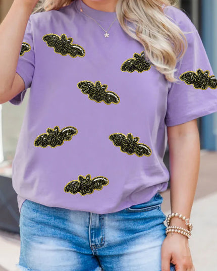 Wisteria Sequin Halloween Bat Patched Casual T Shirt