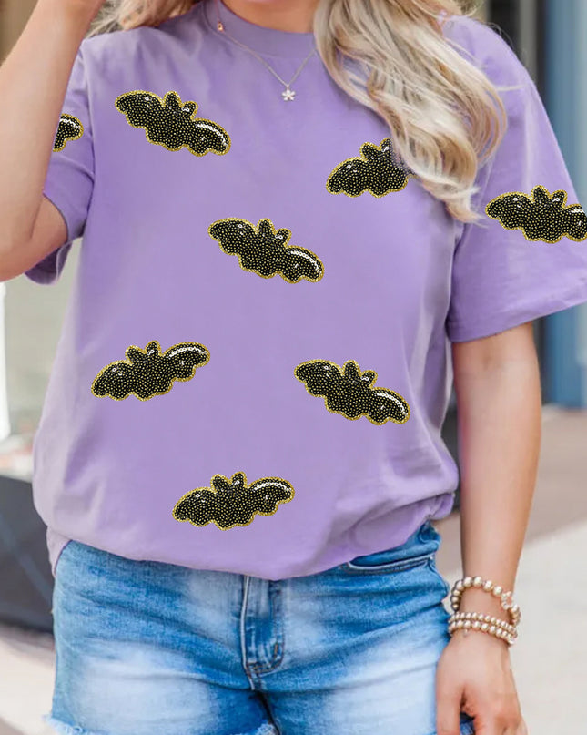 Wisteria Sequin Halloween Bat Patched Casual T Shirt
