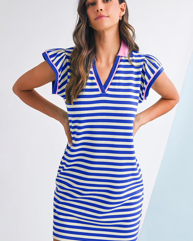 Green Striped Ruffle Short Sleeve Pop of Color Neckline Dress