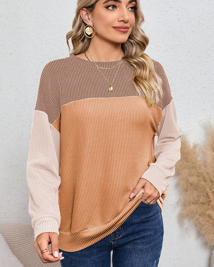 Multicolor Colorblock Ribbed Loose Long Sleeve Top