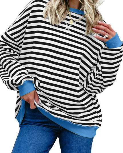Blue Striped Contrast Trim Drop Shoulder Sweatshirt