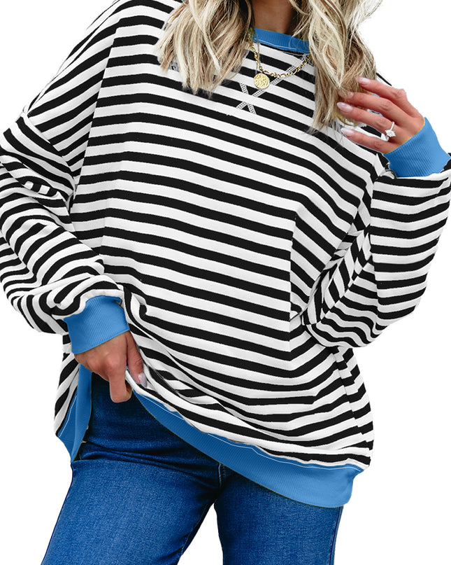 Blue Striped Contrast Trim Drop Shoulder Sweatshirt
