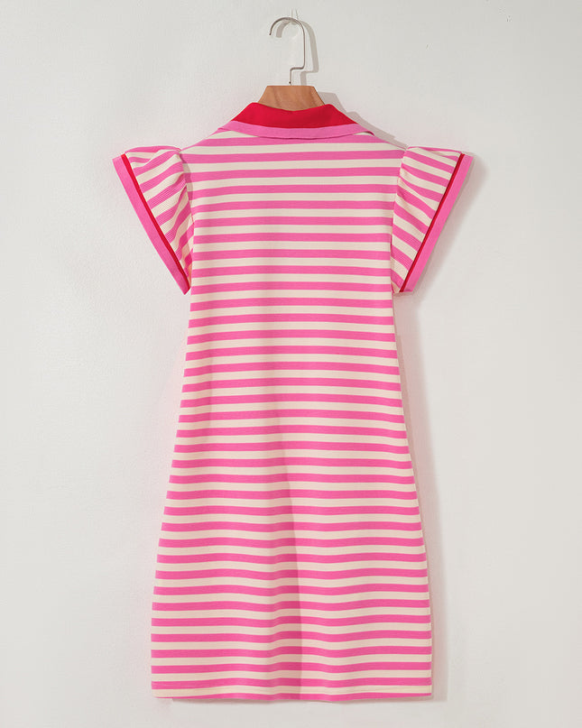 Green Striped Ruffle Short Sleeve Pop of Color Neckline Dress