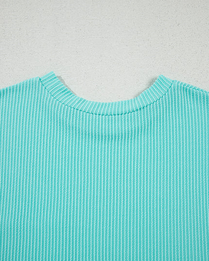Dark Blue Corded Knit Color Block Pocketed Crew Neck T Shirt