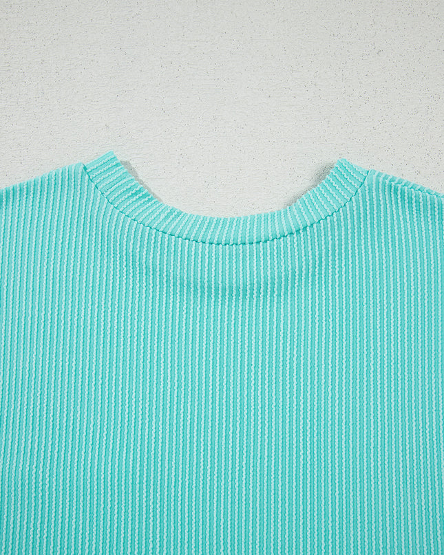 Dark Blue Corded Knit Color Block Pocketed Crew Neck T Shirt