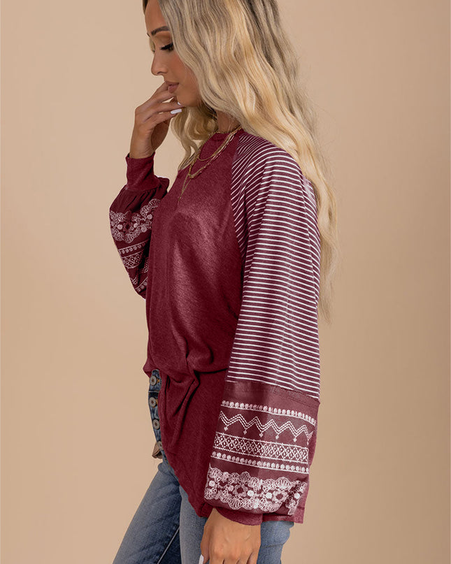 Rose Red Contrast Print Striped Raglan Long Sleeve Loose Top