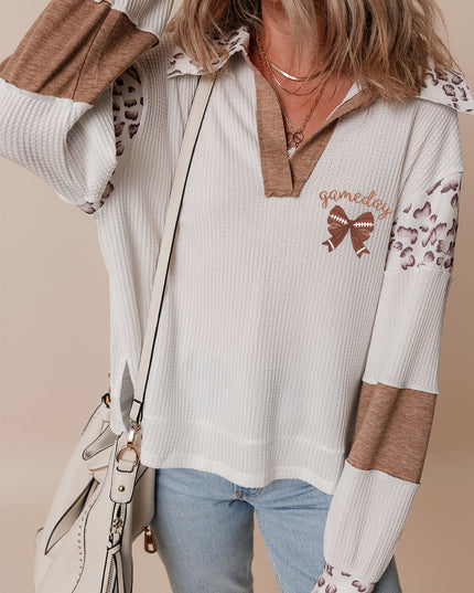 White game day Bow Embroidered Leopard Patchwork Collared Top