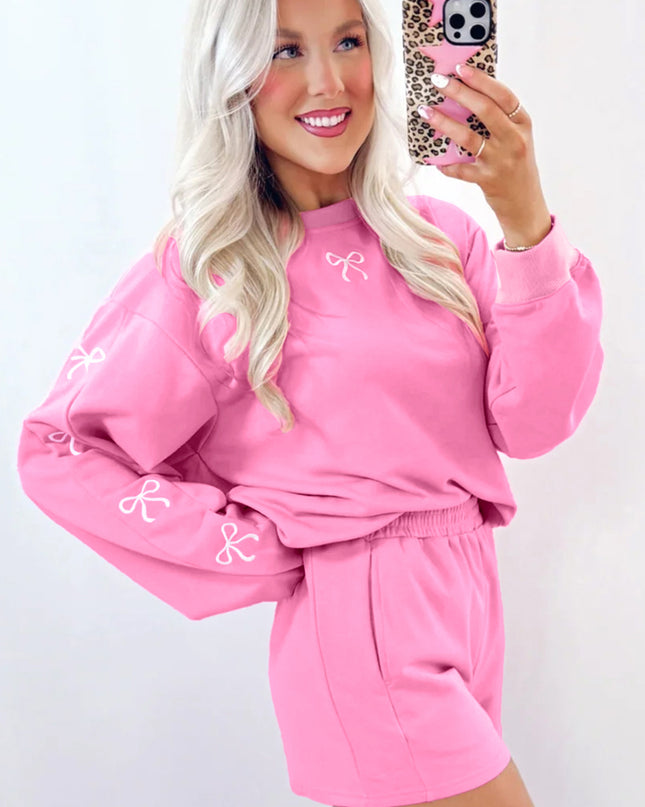 Light Grey Bow Embroidery Long Sleeve Pullover and High Waist Shorts Set