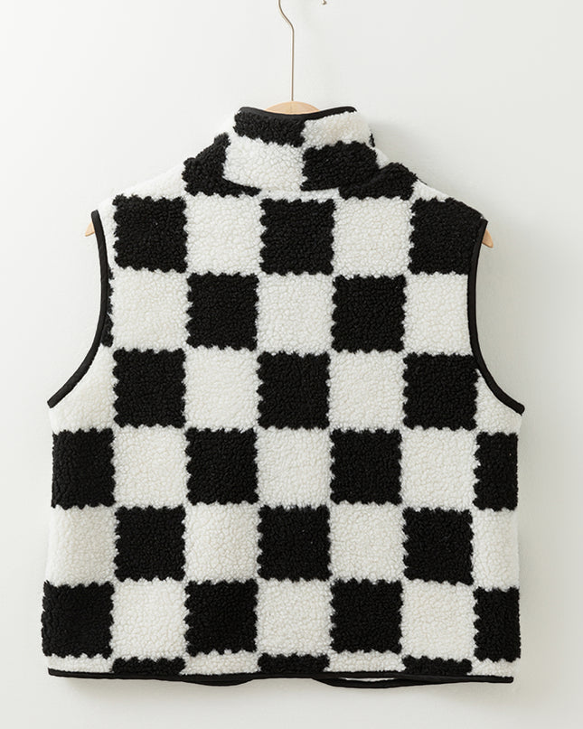 Khaki Checkered Sherpa Collared Jacket Vest