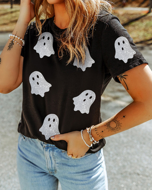 Black Glitter Ghost Pattern Crew Neck Halloween Graphic T Shirt