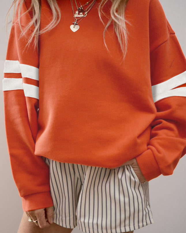 Fiery Red Preppy Striped Sleeve Loose Sweatshirt
