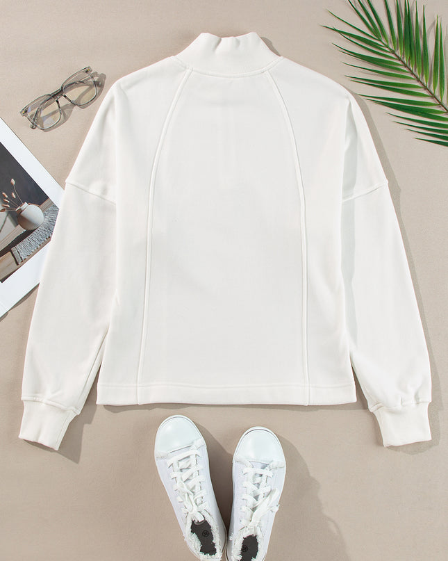 White Zipper Collared Drop Shoulder Plain Sweatshirt