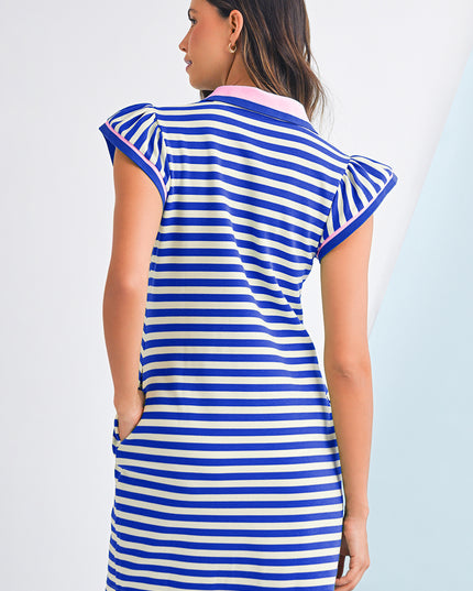 Green Striped Ruffle Short Sleeve Pop of Color Neckline Dress