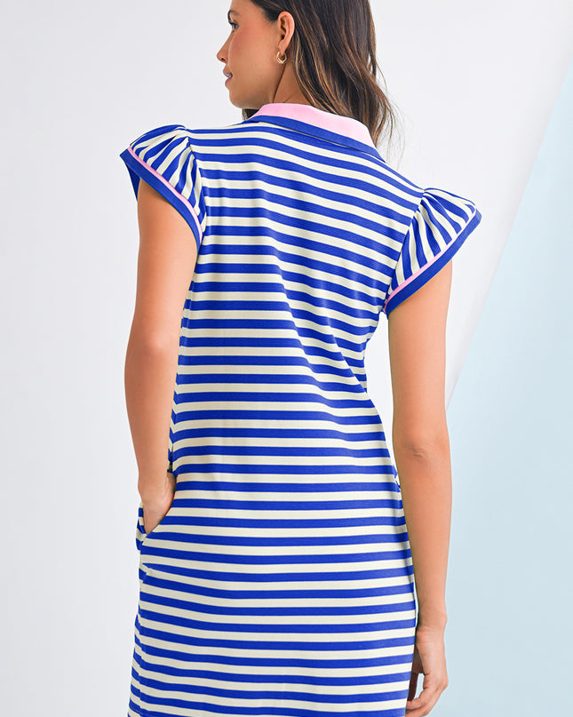 Green Striped Ruffle Short Sleeve Pop of Color Neckline Dress