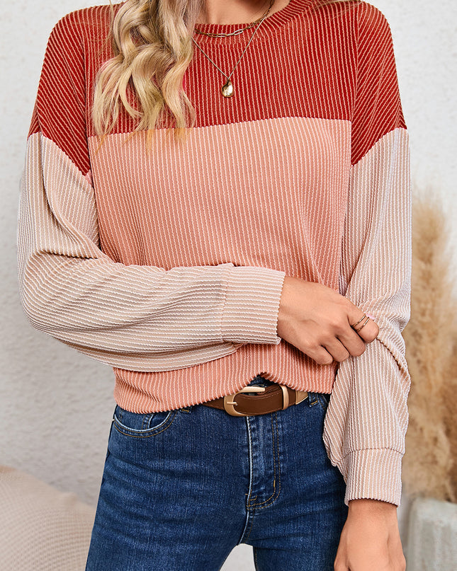 Multicolor Colorblock Ribbed Loose Long Sleeve Top