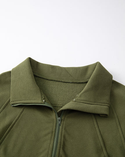 Black Zip Up Stand Collar Ribbed Thumbhole Sleeve Sweatshirt