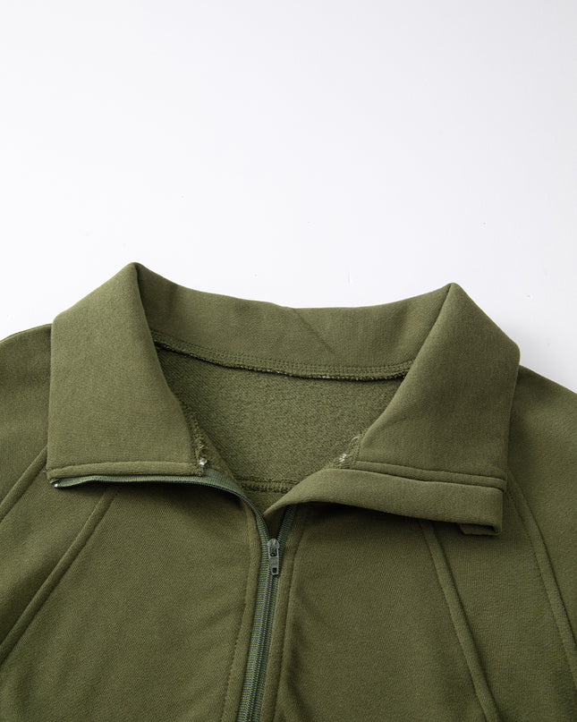 Black Zip Up Stand Collar Ribbed Thumbhole Sleeve Sweatshirt