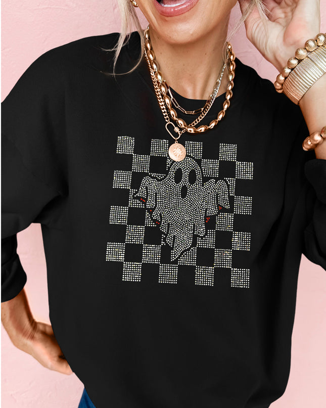 Black Rhinestone Checkered Halloween Ghost Drop Shoulder Sweatshirt