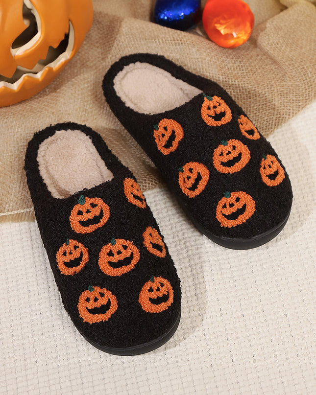 Black Halloween Pumpkin Plush Home Slippers
