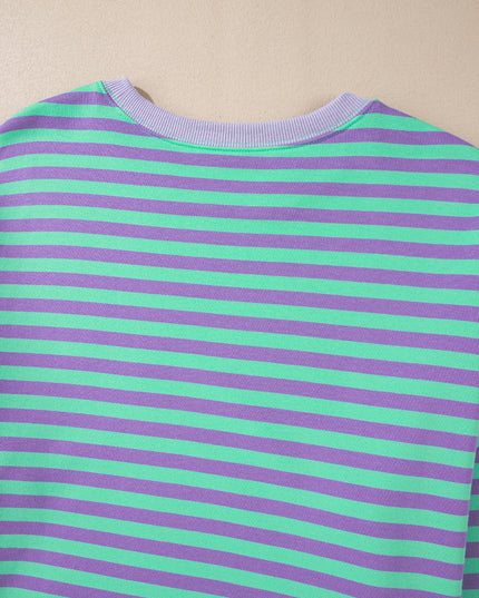 Blue Striped Contrast Trim Drop Shoulder Sweatshirt
