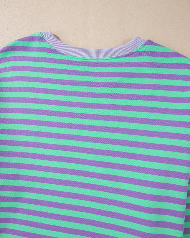Blue Striped Contrast Trim Drop Shoulder Sweatshirt