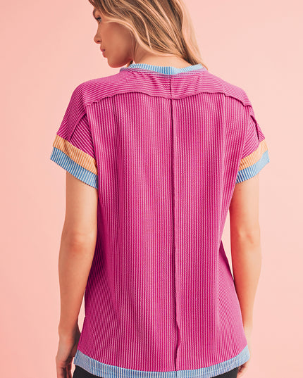Rose Red Textured Colorblock Round Neck T Shirt