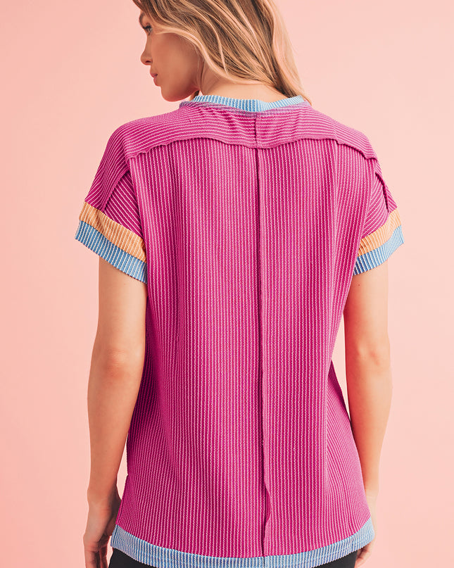 Rose Red Textured Colorblock Round Neck T Shirt