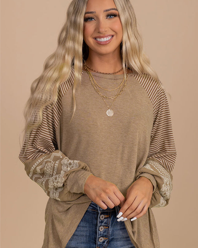 Rose Red Contrast Print Striped Raglan Long Sleeve Loose Top