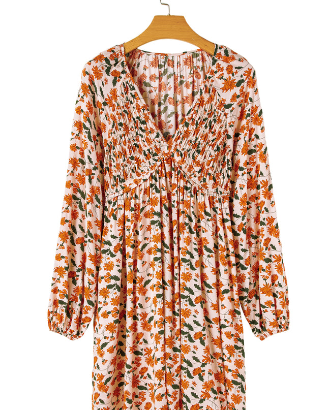 Beige Floral Smocked V Neck Bubble Sleeve Babydoll Dress
