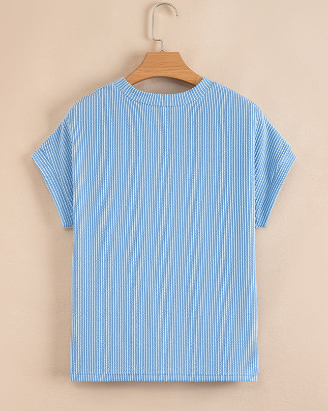 Dark Blue Corded Knit Color Block Pocketed Crew Neck T Shirt