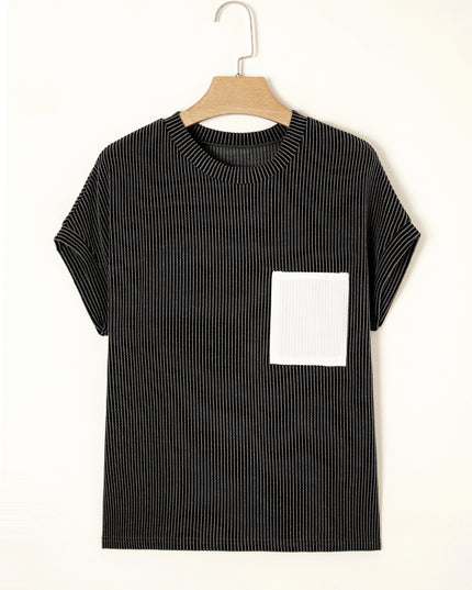 Dark Blue Corded Knit Color Block Pocketed Crew Neck T Shirt