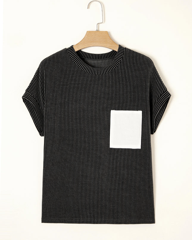 Dark Blue Corded Knit Color Block Pocketed Crew Neck T Shirt
