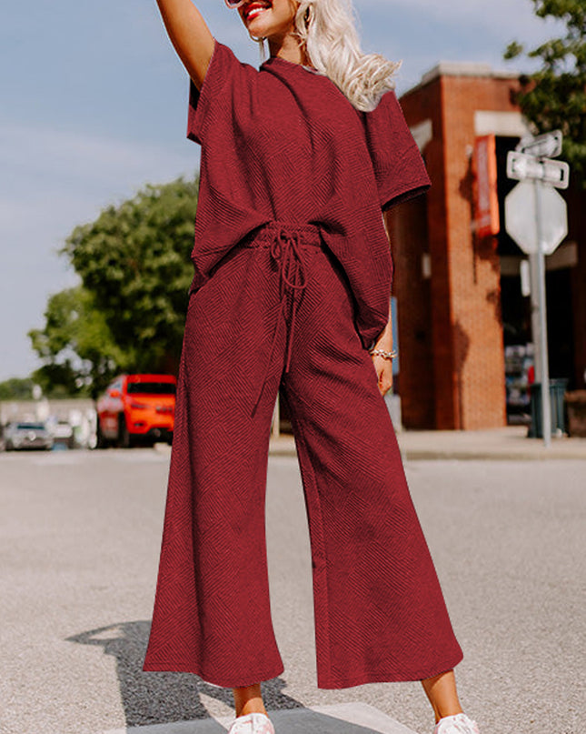Black Textured Loose Fit T Shirt and Drawstring Pants Set
