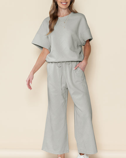 Black Textured Loose Fit T Shirt and Drawstring Pants Set