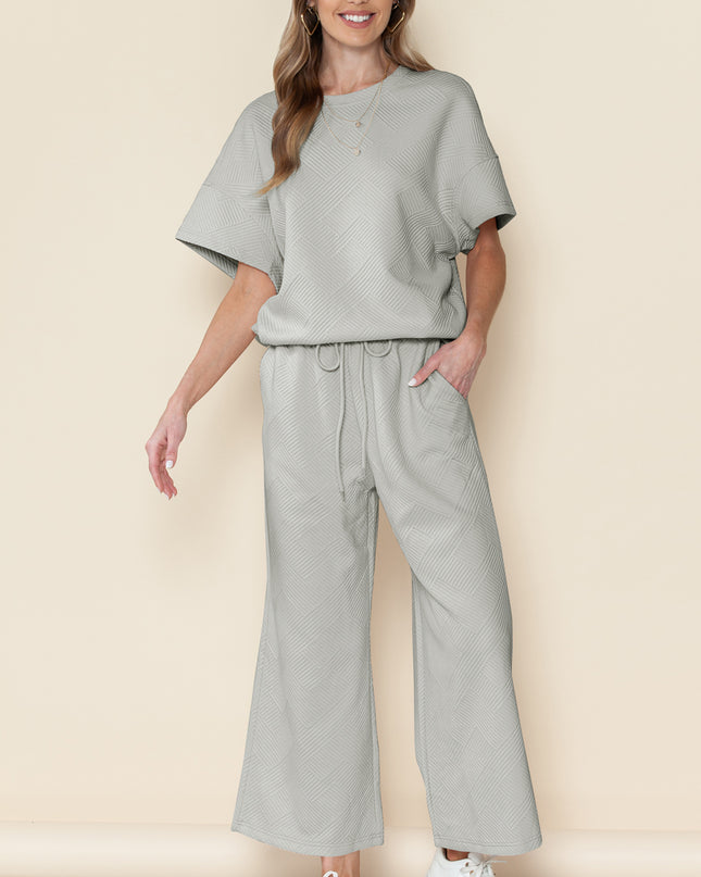 Black Textured Loose Fit T Shirt and Drawstring Pants Set