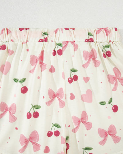 Pink Polka Dot and Bow Print Ruffle Hem Shorts Pajama Set
