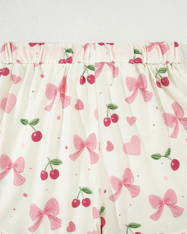 Pink Polka Dot and Bow Print Ruffle Hem Shorts Pajama Set