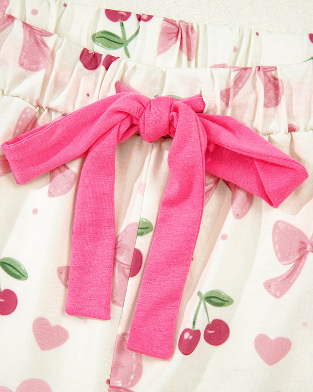 Pink Polka Dot and Bow Print Ruffle Hem Shorts Pajama Set