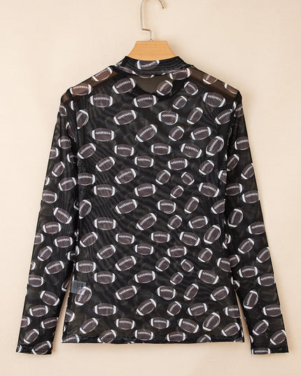 Black Game Day Football Mesh Sheer Long Sleeve Top