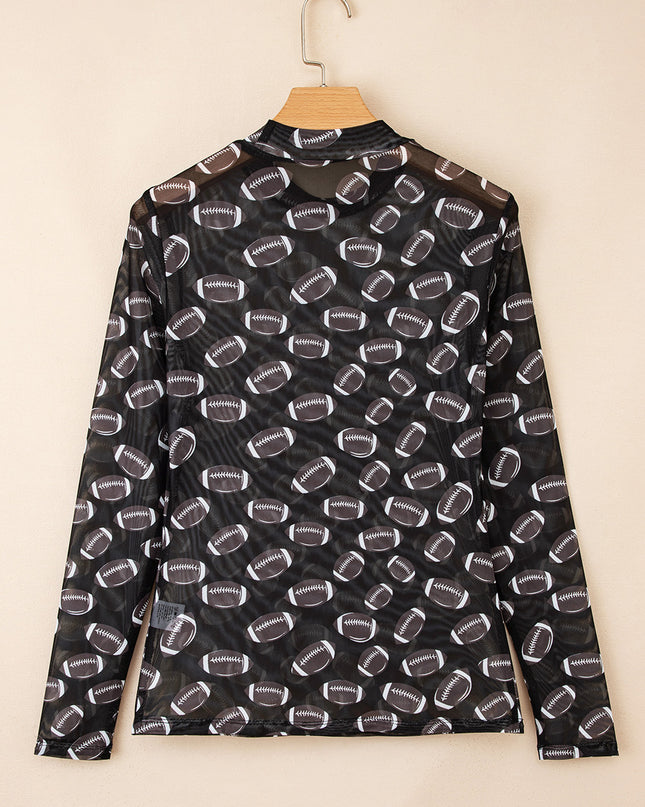 Black Game Day Football Mesh Sheer Long Sleeve Top