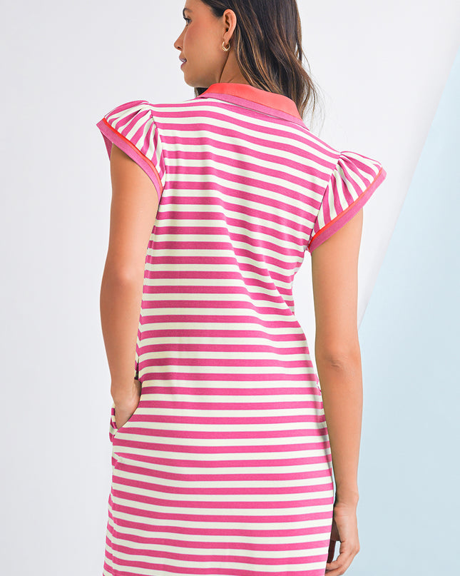 Green Striped Ruffle Short Sleeve Pop of Color Neckline Dress