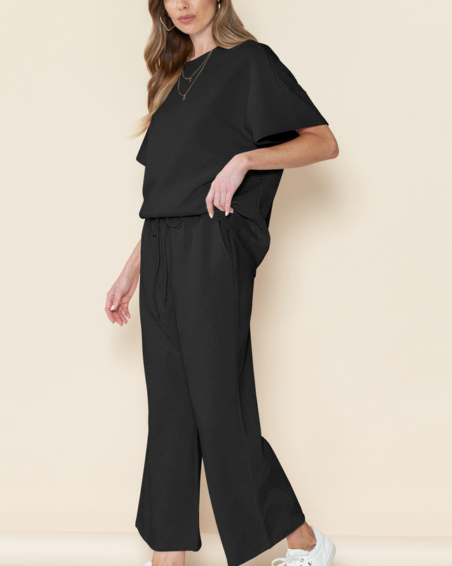 Black Textured Loose Fit T Shirt and Drawstring Pants Set