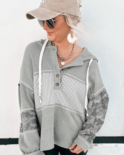 Gray Waffle Patchwork Drawstring Hooded Long Sleeve Top