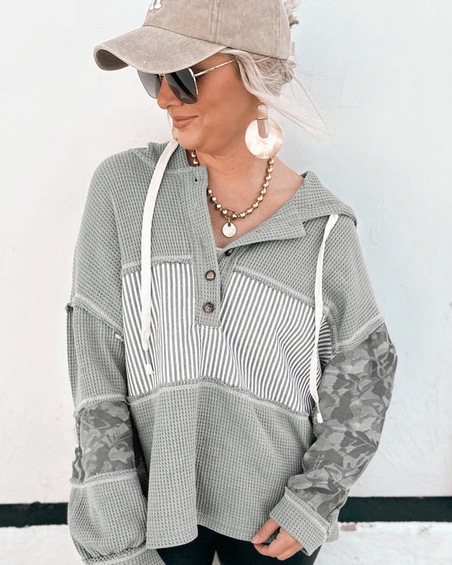 Gray Waffle Patchwork Drawstring Hooded Long Sleeve Top
