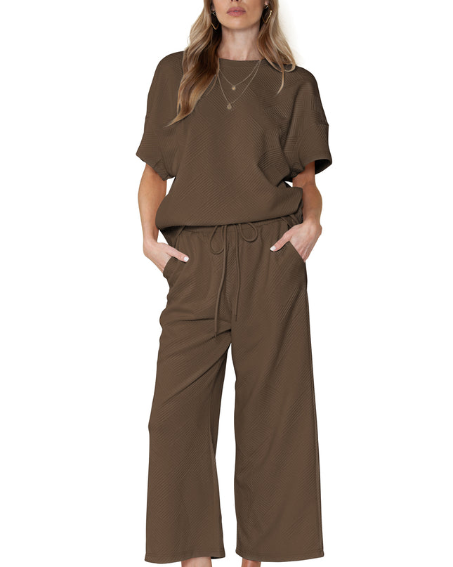 Black Textured Loose Fit T Shirt and Drawstring Pants Set