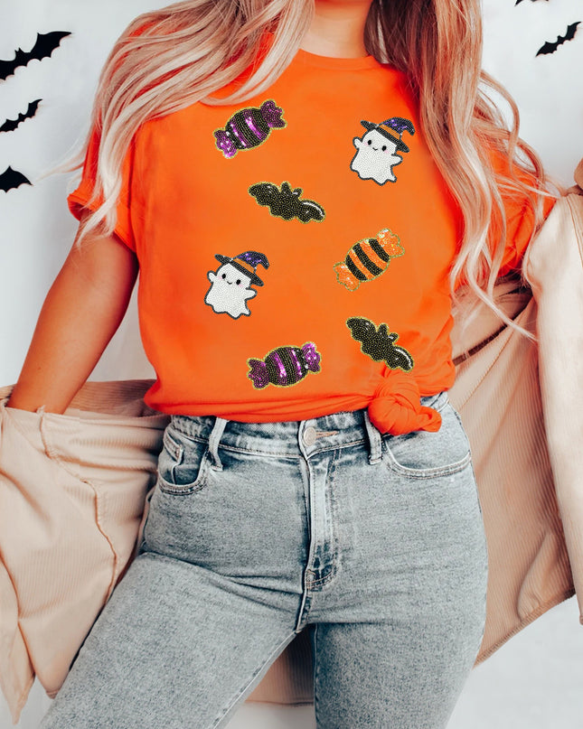 Black Sequined Halloween Spirit Pattern Patched Custom Casual Tee