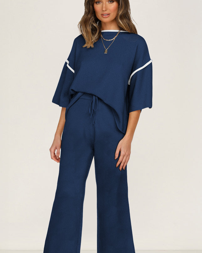 Navy Blue Loose Contrast Trim Half Sleeve Top and Drawstring Pants Set