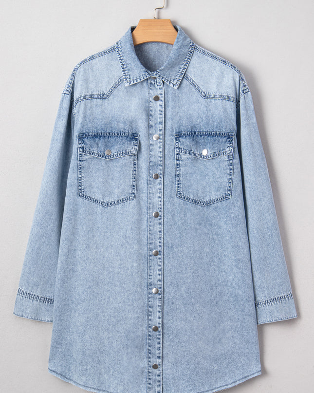 Denim Shirt Dress with Chest Pocket – Raw Hem Oversized Loose Fit Mini Dress (Blue Cotton)