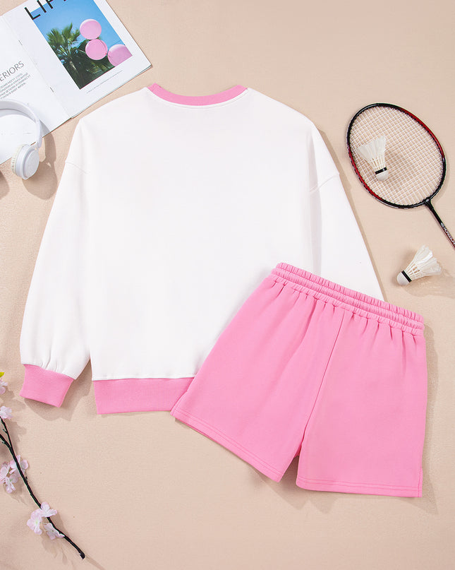 Strawberry Pink Colorblock Pullover and Drawstring Shorts Set