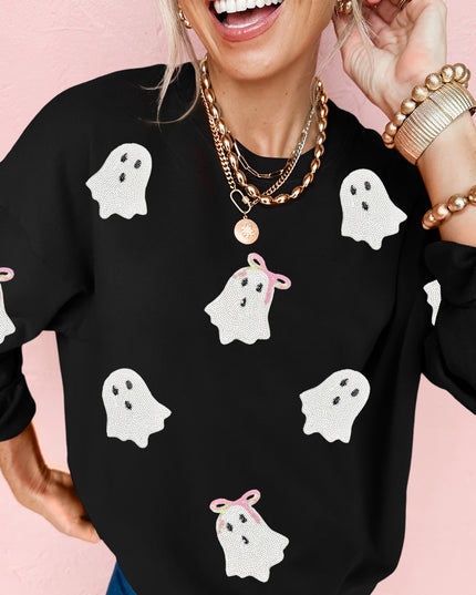 Black Sequin Cute Bow Ghost Graphic Crew Neck Halloween Sweatshirt